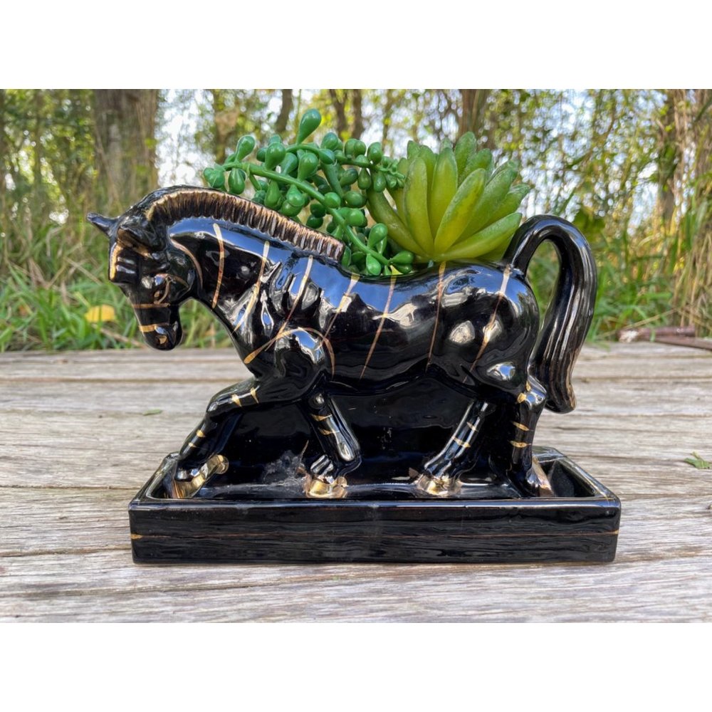 Vintage MCM Redware Tilso Planter Vase Zebra Gold Black